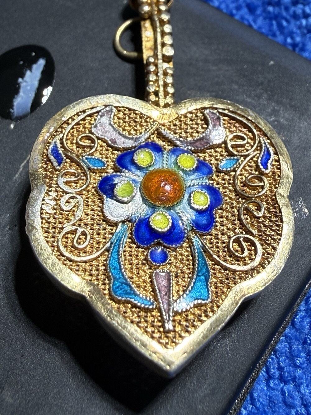 Vintage Chinese Export Filigree Gilt 925 Silver Enamel Floral Brooch Pendant